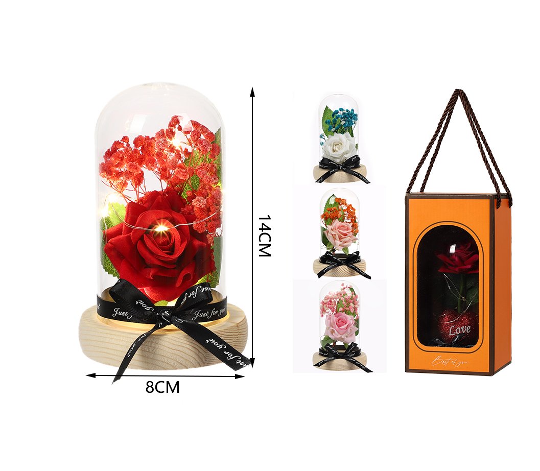 Flor premium en cúpula de cristal con luz