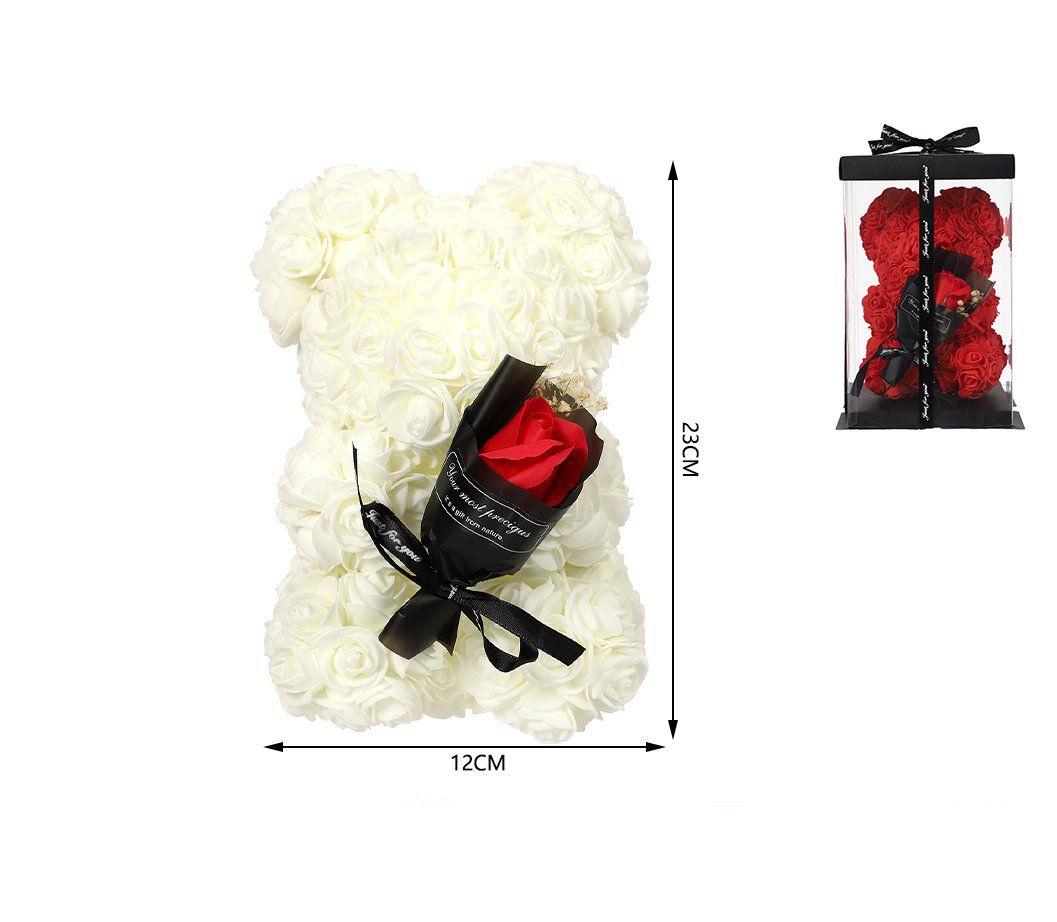 Oso premium con flor en brazos 12*23 cm blanco crema