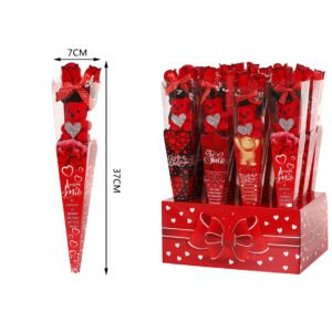 Oso de espuma rojo con rosa individual en caja expositora