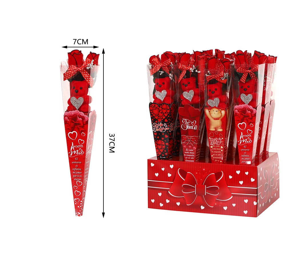 Oso de espuma rojo con rosa individual en caja expositora