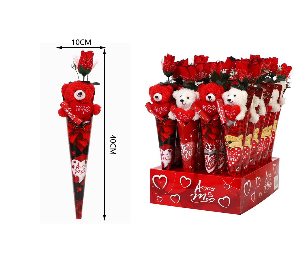 Oso de peluche con rosa individual en caja expositora