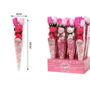 Oso de peluche rosa con rosa individual en caja expositora