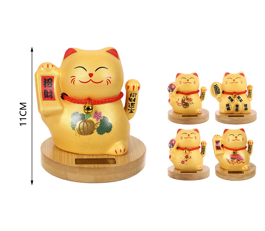 Gato dorado solar con base de madera–11 cm