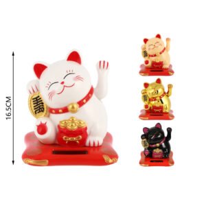 Gato solar con bolsa de riqueza – blanco, amarillo, negro y dorado (18 cm)