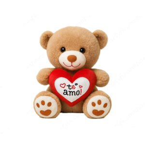 Oso de peluche abrazando corazon, de pelo tipo conejo, color marron claro, 20 cm