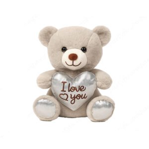 Oso de peluche abrazando corazon, de pelo tipo conejo, color gris, 20 cm