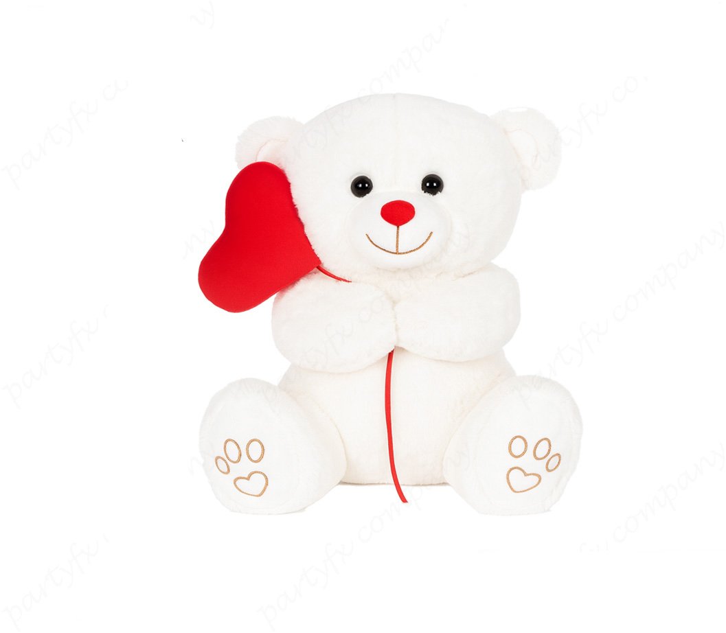 Oso con globo de corazon, color blanco, 30 cm