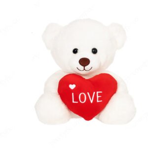 Oso de peluche abrazando corazon, color blanco, 40 cm
