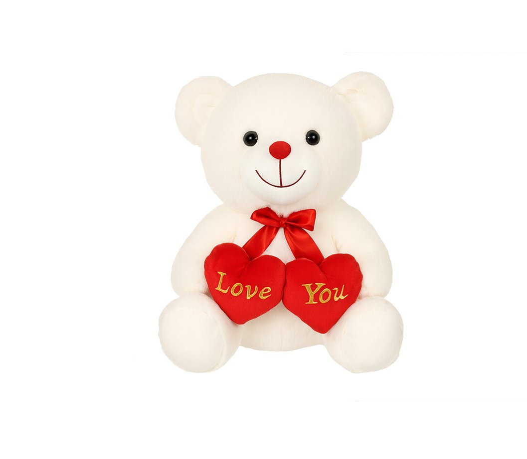 Oso de peluche abrazando corazon con lazo, color crema, 30 cm