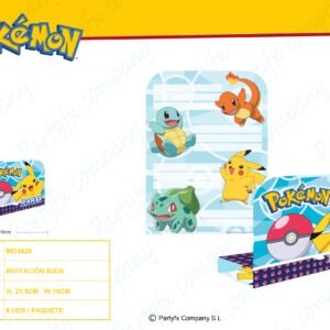 8 Invitacion y Sbore Pokemon papel  16 x 21.5 cm