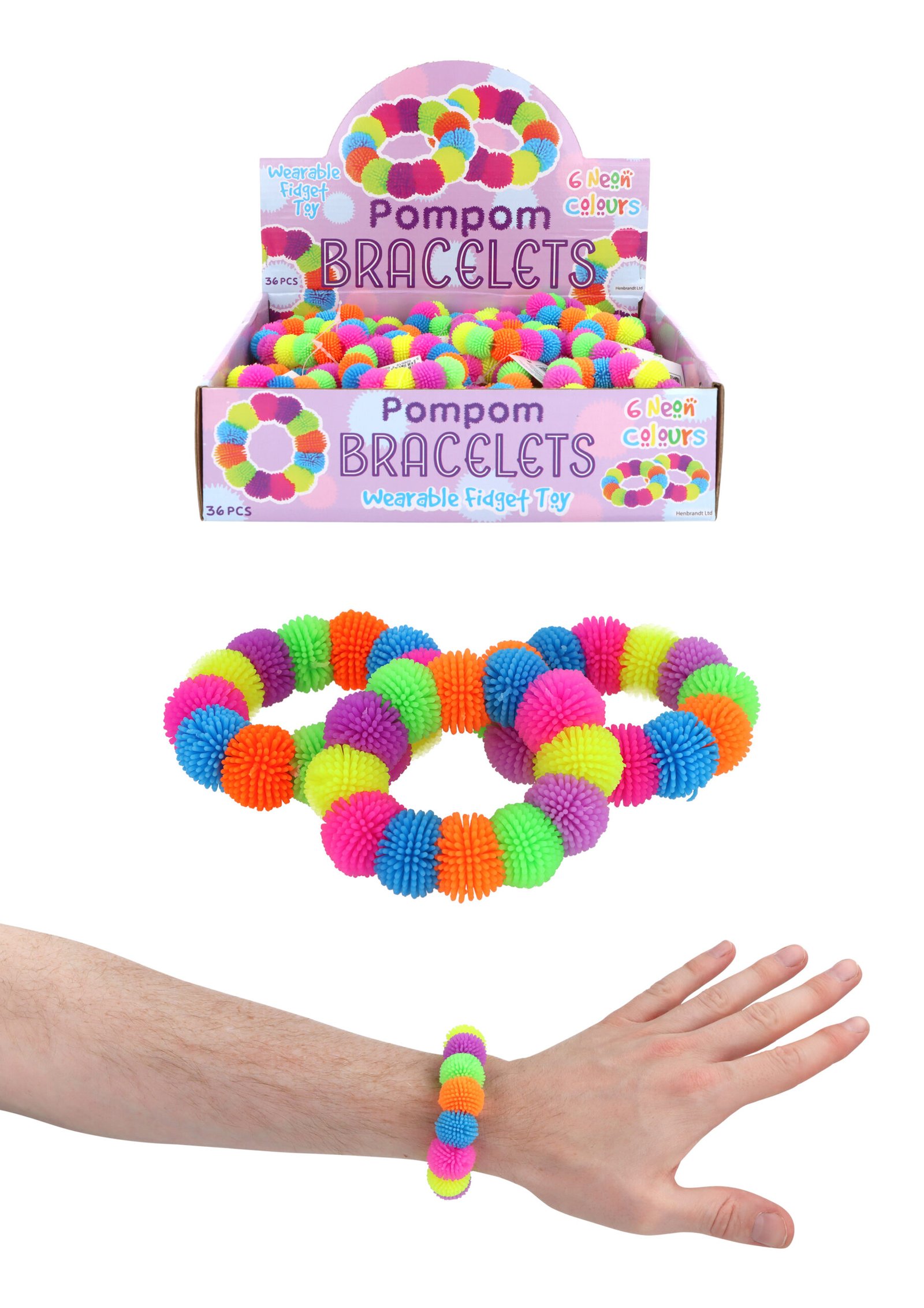 BRACELET POM POM STRETCH 16CM X 1.8CM 6 ASTD NEON COLS